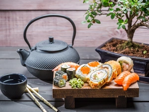 cup, Tray, kettle, sticks, Sushi, tea, Bonsai