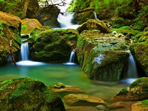 Stones, waterfall, mossy