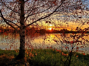 sun, autumn, clouds, west, lake