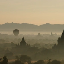 trees, viewes, Fog, Balloons, buildings