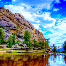 trees, viewes, mountains, River, Rocky