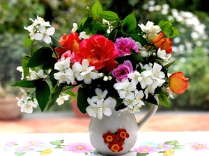 composition, jasmine, roses, vase