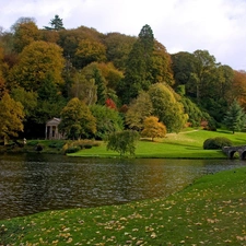 viewes, bridges, River, trees, autumn