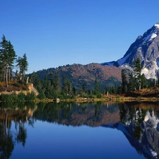 Mountains, lake, viewes, Conifers, trees, Snowy