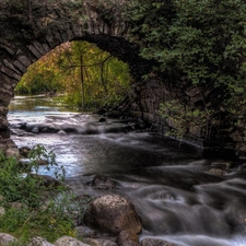 viewes, Stones, bridge, trees, River