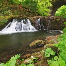 bridge, waterfall, viewes, VEGETATION, trees, rocks