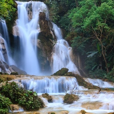 waterfall, trees, viewes, rocks