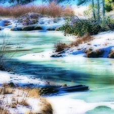 winter, trees, viewes, River