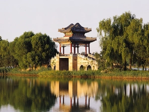 Buldings, Garden, Pond - car, Japanese, Park, lake, Willow